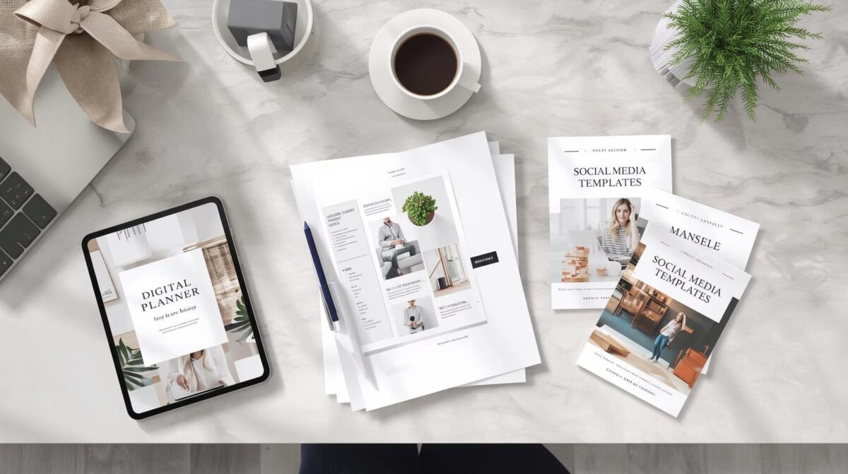 A photorealistic mockup of digital products for sale on a desk, including a digital planner on an iPad and Canva templates, representing a low-investment online business.
