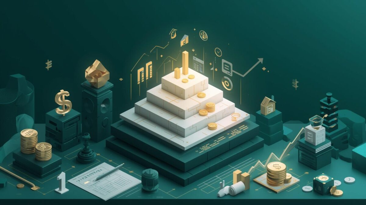 A layered digital financial foundation illustrating smart budget plans, money management, saving strategies, financial stability, and modern budgeting systems; symbolic coins, charts, and financial growth icons visualizing how budget plans shape a powerful financial life.