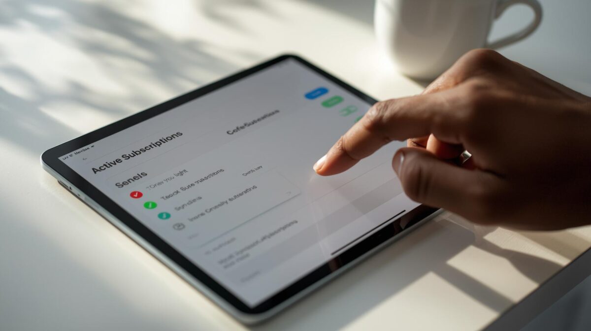 Realistic photo of a tablet showing active subscriptions being reviewed to stop hidden money leaks.