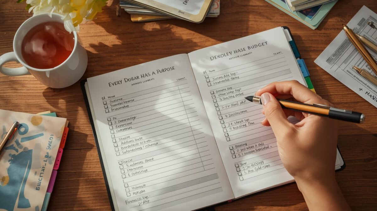 Realistic photo of a zero-based budgeting planner showing how assigning each dollar a purpose prevents hidden money leaks.